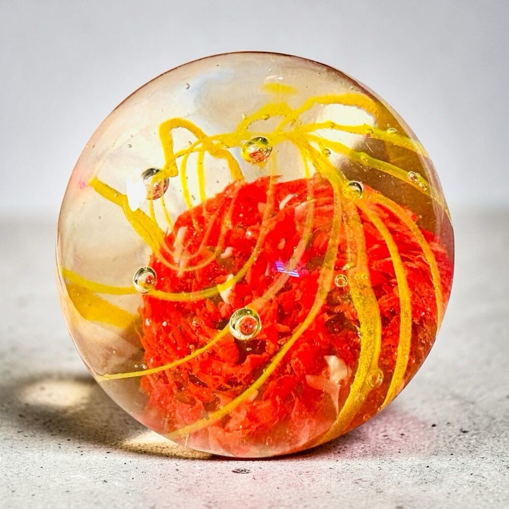Paperweight Art Glass Orange With Yellow Swirl Controlled Bubble VTG Collectible